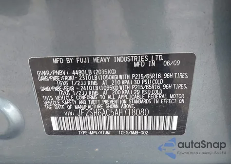 2010 Subaru Forester 2.5X from USA, damaged, VIN JF2SH6AC5AH718080